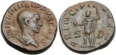 Philip II, as Caesar (AD 244-247). Æ sestertius (28mm, 21.62 gm, 12h).  Rome, AD 244-246. M IVL PHILIPPVS CAES, draped, bare-headed bust of Philip II right / PRINCIPI I-VVENT S-C, Philip standing left