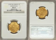 Chíos. Anonymous (1343-54) gold Venetian Imitation Ducat ND MS63 NGC, Uncertain mint, Fr-38a var, Cf. Ives Pl. XIII. ΛNDP DΛNDVP DVX | SN VЄNЄTI, St. Mark standing right presenting banner to kneeling 