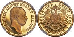 Saxony. Friedrich August gold Proof 20 Mark 1914-E PR68 Ultra Cameo NGC, Muldenhutten mint, KM1265, Jaeger-268. A pristine coin, absolutely the finest known for the type, and a marvel to behold. Produ