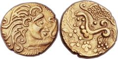 CELTIC GAUL. The Parisii. Ca. 100-50 BC. AV stater (22mm, 7.36 gm, 3h).  Class IV. Celticized head of Apollo to right, with wavy hair and a floral ornament before / Disjointed and stylized horse gallo