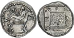 MACEDON. Mende. Ca. 423 BC. AR tetradrachm (27mm, 16.96 gm, 8h).  Dionysus, bearded and nude save for mantle draped around loins, reclining left on the back of an ass walking right, holding high-handl