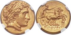 MACEDONIAN KINGDOM. Philip III Arrhidaeus (323-317 BC). AV stater (19mm, 8.61 gm, 11h). Types of Phillip II (attributed as such by NGC). Colophon, ca. 322-319 BC. Laureate head of Apollo right, with t
