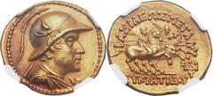 GRECO-BACTRIAN KINGDOM. Eucratides I the Great (ca. 171-145 BC). AV stater (20mm, 8.47 gm, 11h). Diademed and draped bust of Eucratides right, wearing crested and broad-brimmed Bactrian helmet adorned
