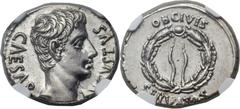 Augustus (27 BC-AD 14). AR denarius (19mm, 3.89 gm, 6h). Spain, Colonia Patricia(?), ca. 19/8 BC. CAESAR AVGVSTVS, bare head of Augustus right. / OB CIVES above, SERVATOS below, oak wreath with ties u