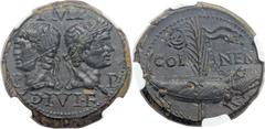 Augustus (27 BC-AD 14), with Marcus Agrippa (died 12 BC). Æ dupondius (27mm, 13.18 gm, 8h). Gaul, Nemausus, AD 10-14. IMP DIVI F P P, adduced heads of Augustus (right) and Agrippa (left), Augustus lau