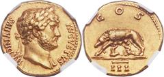 Hadrian (AD 117-138). AV aureus (21mm, 7.25 gm, 6h).  Rome, AD 125-128. HADRIANVS AVGVSTVS, laureate head of Hadrian right /  COS above she-wolf left, suckling twins Romulus and Remus, barred III in e