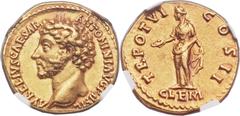 Marcus Aurelius, as Caesar (AD 138-161). AV aureus (21mm, 6.66 gm, 6h). Rome, AD 151-152. AVRELIVS CAESAR ANTONINI AVG PII FIL. Bare head of bearded Marcus Aurelius left / TR POT VI COS II, Clementia 