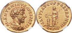 Marcus Aurelius (AD 161-180). AV aureus (19mm, 7.06 gm, 6h). Rome, AD 163. · M · ANTONINVS AVG IMP II, bareheaded, draped, and cuirassed bust of Aurelius right / SALVTI AVGVSTOR TR P XVII around, Salu