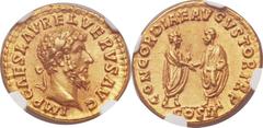Lucius Verus (AD 161-169). AV aureus (20mm, 6.96 gm, 1h).  Rome, March-December AD 161. IMP CAES L AVREL VERVS AVG, laureate head of Verus right / CONCORDIAE AVGVSTOR TR P, Marcus Aurelius and Lucius 