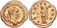 Trajan Decius (AD 249-251). AV aureus (18mm, 3.87 gm, 6h). Rome, AD 250-251. IMP C M Q TRAIANVS DECIVS AVG, laureate and cuirassed bust of Decius right / VBERITAS AVG, Uberitas standing left, holding 