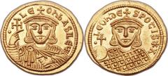Leo V, "the Armenian" (AD 813-820). AV solidus (21mm, 4.44 gm, 6h). Constantinople, AD 813. • LЄ-Oh bASILЄЧ, facing bust of Leo, wearing crown with cross and chlamys (cloak) pinned at right shoulder w