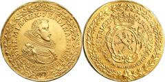 Ferdinand III gold 40 Ducat 1629 AU58 NGC, Prague mint, Fr-45 ("Rare"). 139.1 grams. FERDINANDVS • III • D : G : HVNG : BOHEMIÆ • REX :, elaborately armored bust of Ferdinand III right, wearing the ch