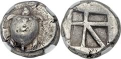 SARONIC ISLANDS. Aegina. Ca. 480-457 BC. AR stater (22mm, 11.95 gm). Sea turtle, viewed from above, head in profile, row of dots forming T pattern on shell / Large square incuse with skew pattern. HGC