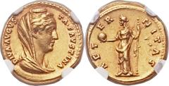 Diva Faustina Sr., deified wife of Antoninus Pius (died AD 141). AV aureus (20mm, 6.83 gm, 6h). Rome, after AD 141. DIVA · AVGVS-TA · FAVSTINA, veiled and draped bust of Faustina right, hair coiled at
