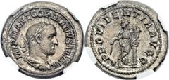 Gordian II Africanus (AD 238). AR denarius (20mm, 3.35 gm, 11h). Rome, March-April AD 238. IMP M ANT GORDIANVS AFR AVG, laureate, draped, cuirassed bust of Gordian II right / PROVIDENTIA AVGG, Provide