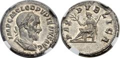 Pupienus (AD 238). AR denarius (19mm, 2.39 gm, 6h). Rome, April-June AD 238. IMP C M CLOD PVPIENVS AVG, laureate, draped and cuirassed bust of Pupienus right / PAX PVBLICA, Pax seated left, holding br