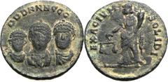 Theodosius I (AD 379-395), with Arcadius and Honorius. Æ exagium or solidus weight (20mm, 3.59 gm, 12h). Constantinople, AD 393-395. DDD NNN GGG, pearl-diademed and draped facing busts of Honorius, Th