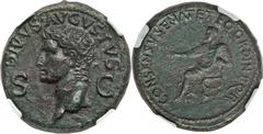Divus Augustus (died AD 14). Orichalcum dupondius (29mm, 15.93 gm, 6h). Rome, struck by Caligula, AD 37-41. Radiate head of the deified Augustus left, dividing S-C / Caligula seated left on curule cha