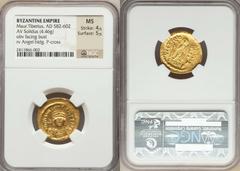 Maurice Tiberius (AD 582-602). AV solidus (4.46 gm).  Constantinople, 7th officina. Diademed and cuirassed bust facing, wearing plumed helmet, holding globus cruciger in right hand / Angel standing fa