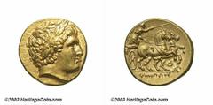 Macedonian Kingdom. Philip II. 359-336 B.C. AV stater (18 mm, 8.60 g). Lampsakos, 323-317 B.C. Laureate head of Apollo right / Charioteer, holding kentron in right hand, reins in left, driving biga ri