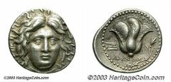 Carian Islands, Rhodes. Ca. 230-205 B.C. AR tetradrachm (25 mm, 13.56 g). Radiate head of Helios facing slightly right / Rose, bud to right; ship's stern in left field; magistrate, Ameinias. SNG Keckm