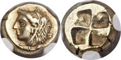 IONIA. Phocaea. Ca. 387-326 BC. EL sixth stater or hecte (10mm, 2.56 gm). Head of Queen Omphale left, wearing lion-skin headdress of Heracles and ear pendant, club over shoulder / Quadripartite incuse