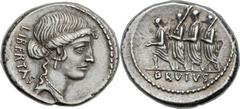 Marcus Junius Brutus, as moneyer (54 BC). AR denarius (19mm, 3.91 gm, 6h). Rome. LIBERTAS, head of Libertas right, hair rolled at brow line, wearing single pendant earring and pearl necklace / The con