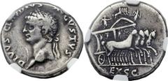 Divus Claudius I (died AD 54). AR denarius (19mm, 3.61 gm, 7h). Rome, AD 54. DIVVS CLAVDIVS AVGVSTVS, laureate head of Claudius left / EX· S · C, slow quadriga, richly ornamented, drawn right by four 