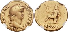 Nero (AD 54-68). AV aureus (18mm, 6.84 gm, 6h). Rome, AD 64-65. NERO CAESAR AVGVSTVS, laureate head of Nero right / Roma seated left on cuirass, resting right foot on helmet, holding Victory and paraz