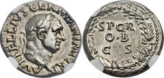 Vitellius (AD 69). AR denarius (18mm, 3.53 gm, 6h). Rome, April-December AD 69. A VITELLIVS GERMAN IMP TR P, laureate head of Vitellius right / S P Q R / O · B / C S within oak wreath. RIC 83. BMCRE 1