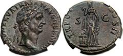 Trajan (AD 98-117). Æ as (28mm, 12.29 gm, 6h). Rome, February-Autumn AD 98. IMP CAES NERVA TRAIAN AVG GERM P M, laureate head of Trajan right /  TR POT - COS II / S - C, figure of Pietas, draped and v