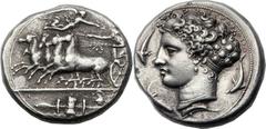 SICILY. Syracuse. Time of Dionysius I (406-367 BC). AR decadrachm (35mm, 42.43 gm, 5h). Unsigned dies by Kimon, ca. 405-400 BC. Charioteer driving racing quadriga left in three-quarter view, third hor