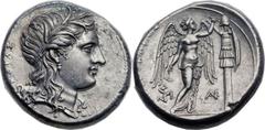 SICILY. Syracuse. Agathocles (317-289 BC). AR tetradrachm (26mm, 17.01 gm, 12h). Struck ca. 310/08-306/5 BC. ΚΟΡΑΣ, wreathed head of Kore ("maiden") right, wearing single-pendant earring and necklace 