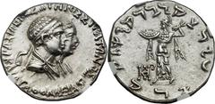 INDO-GREEK KINGDOMS. Agathocleia and Strato I Soter (ca. 110-80 BC). AR Indic tetradrachm (28mm, 9.81 gm, 11h). BAΣIΛEΩΣ ΣΩTHPOΣ ΣTPATΩNOΣ KAI AΓAΘOKΛEIΑΣ, cojoined draped busts of Strato and Agathocl