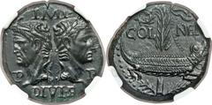 Augustus (27 BC-AD 14), with Marcus Agrippa (died 12 BC). Æ dupondius (26mm, 13.24 gm, 12h). Gaul, Nemausus, AD 10-14. IMP DIVI F P - P, adduced heads of Augustus (right) and Agrippa (left), Augustus 