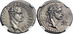 Gaius 'Caligula' (AD 37-41), with Divus Augustus (died AD 14). AR denarius (19mm, 3.66 gm, 12h). Lugdunum, AD 37-38. C CAESAR AVG GERM P M TR POT COS, bare head of Caligula right / Radiate head of Div