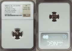 SARONIC ISLANDS. Aegina. Ca. 480-457 BC. AR diobol (2.09 gm).  Sea turtle with thin collar and row of dots down shell, seen from above / Five-part "Union Jack" incuse. Cf. HGC 6 446 (triobol). Extreme