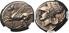 CORINTHIA. Corinth. Ca. 345-307 BC. AR stater (8.60 gm). Pegasus with pointed wing flying left, qoppa below / Head of Athena left, wearing laureate Corinthian helmet pushed back on head, plow to right