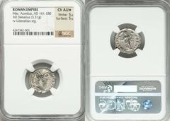 Marcus Aurelius (AD 161-180). AR denarius (3.31 gm). Rome, AD 165-166. Laureate head of Marcus right / Liberalitas standing left, holding abacus / coin scoop and cornucopia. RIC 206. BMCRE 492 . RSC 4