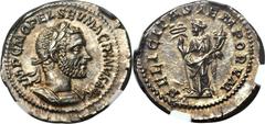 Macrinus (AD 217-218). AR denarius (3.74 gm). Rome. Laureate and cuirassed bust of Macrinus right, wearing short beard / FELICITAS TEMPORVM, Felicitas standing left, holding caduceus and cornucopia. R