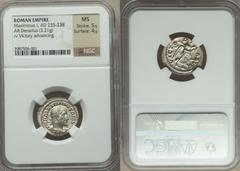 Maximinus I Thrax (AD 235-238). AR denarius (3.21 gm). Rome, AD 235-236. Laureate, draped, and cuirassed bust of Maximinus right / Victory advancing right, holding wreath and palm branch. RIC IV 16. R