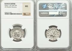 Philip I (AD 244-249). AR antoninianus. Rome, AD 247-249. IRadiate, draped and cuirassed bust of Philip right / Philip, with raised hand, on horse pacing left. RIC 26b. RSC 3. An interesting reverse t