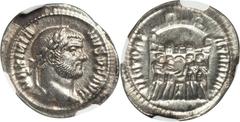 Maximian, first reign (AD 286-305). AR argenteus (3.27 gm). Ticinum, AD 295. Laureate head of Maximian right / VICTORIA - SARMAT, fortress with six towers, the gate of which the four Tetrarchs perform