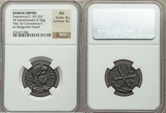 Constantius II (AD 337-361). Æ centenionalis (5.54 gm). Revolt of Poemenius(?), mid-AD 253. Trier, 2nd officina. Pearl-diademed, draped and cuirassed bust of Constantius right / Large Chi-Rho; A - ω f