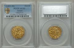 Chios. Philip Maria Visconti of Milan gold Zecchino ND (1421-36) AU53 PCGS, Fr-4. Struck in the style of the Venetian Ducats with the ruler standing before St. Peter.