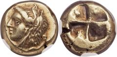 IONIA. Phocaea. Ca. 387-326 BC. EL sixth stater or hecte (10mm, 2.56 gm). Head of Queen Omphale left, wearing lion-skin headdress of Heracles and ear pendant, club over shoulder / Quadripartite incuse