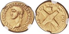 Nero Claudius Drusus, father of Claudius (died 12 BC). AV aureus (19mm, 7.59 gm, 4h). Lugdunum, under Claudius, AD 41-42. NERO CLAVDIVS DRVSVS GERMANICVS IMP, laureate head of Drusus left  / DE· GE-R-