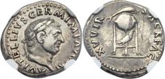 Vitellius (AD 69). AR denarius (19mm, 3.45 gm, 6h).  Rome, 19 April-20 December AD 69. A VITELLIVS GERMAN IMP T R, laureate head of Vitellius right / SACR FAC XV VIR, tripod-lebes with dolphin right a