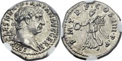 Trajan (AD 98-117). AR denarius (19mm, 3.48 gm, 8h). Rome, AD 101-102. IMP CAES NERVA TRAIAN AVG GERM, laureate head of Trajan right / P · M · TR · P · COS · IIII · P · P, Victory advancing left, hold