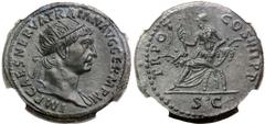 Trajan (AD 98-117). Orichalcum dupondius (28mm, 13.37 gm, 6h). Rome, AD 101-102. IMP CAES NERVA TRAIAN AVG GERM P M, radiate head of Trajan, drapery on left shoulder / TR POT COS IIII P P, Abundantia,